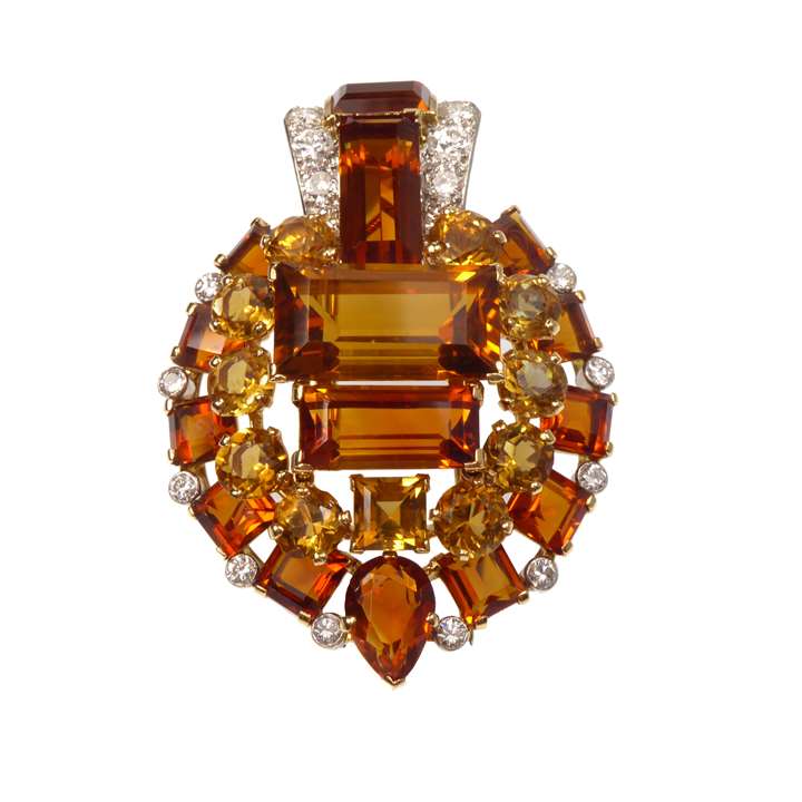 Two tone citrine and diamond geometric clip brooch